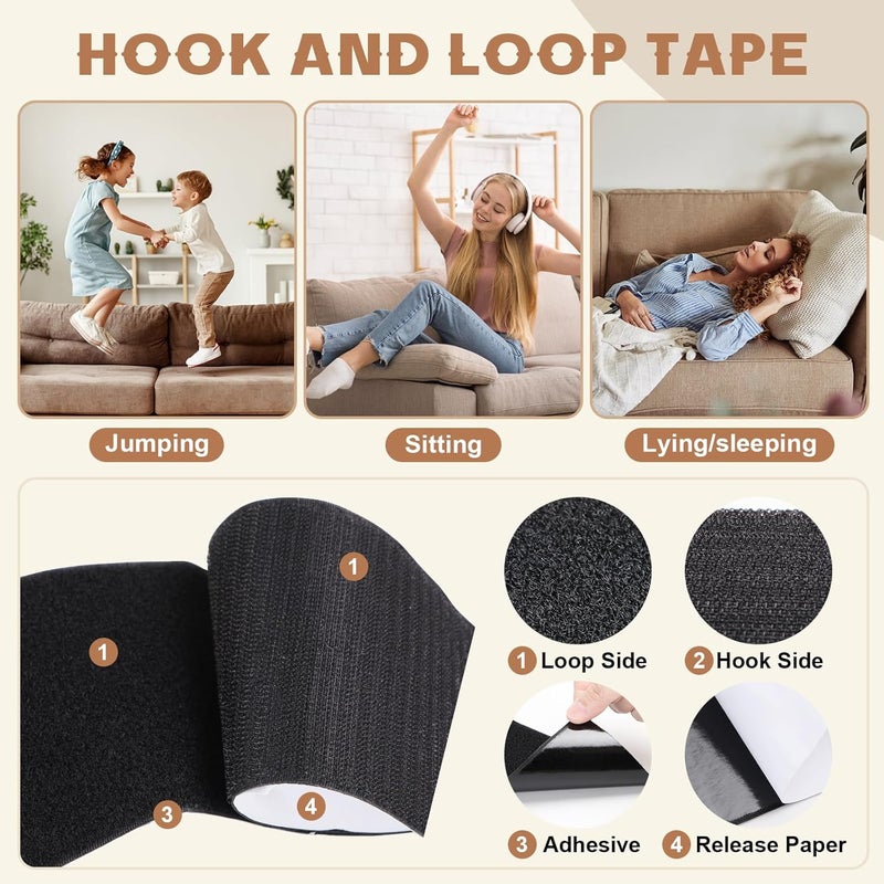 GRLCOOD 4 Inch x 16.5 Feet Black Heavy Duty Hook and Loop Tape Adhesive, Keep Couch Cushions from Sliding, Non Slip Rug Gripper and Strips with Adhesive. Prevent Patio Cushions, Carpets, Mattresses Sliding - Image 4